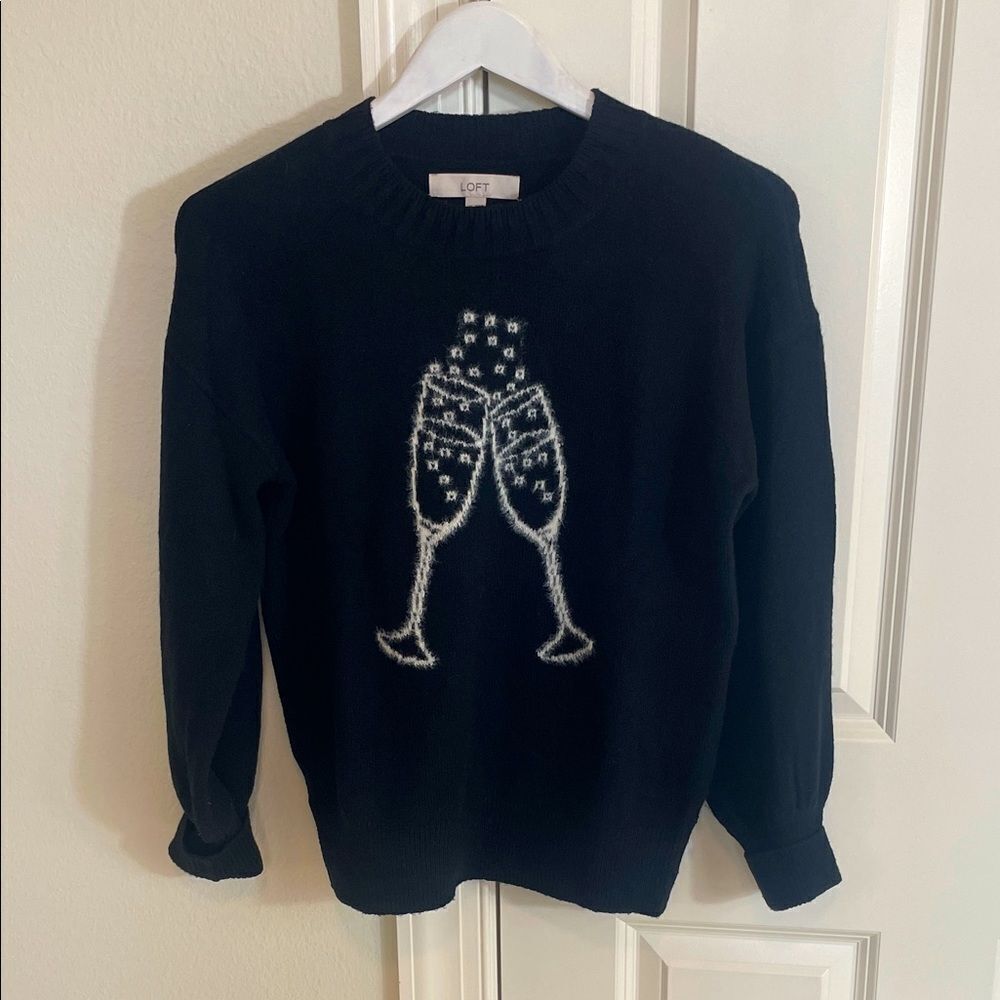 NWOT LOFT Black Sweater with Toasting Glasses Design